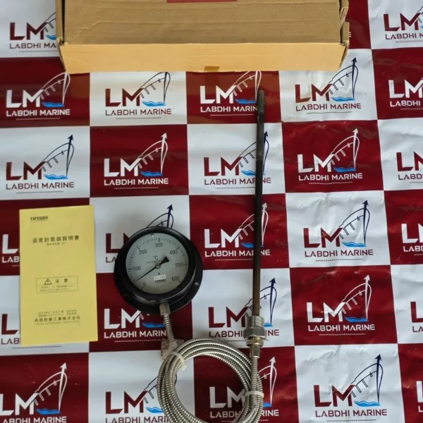 HYODA LM4 0–600°C dial thermometer with sensing probe, flexible armoured connecting tube, original cardboard box and Japanese instruction manual