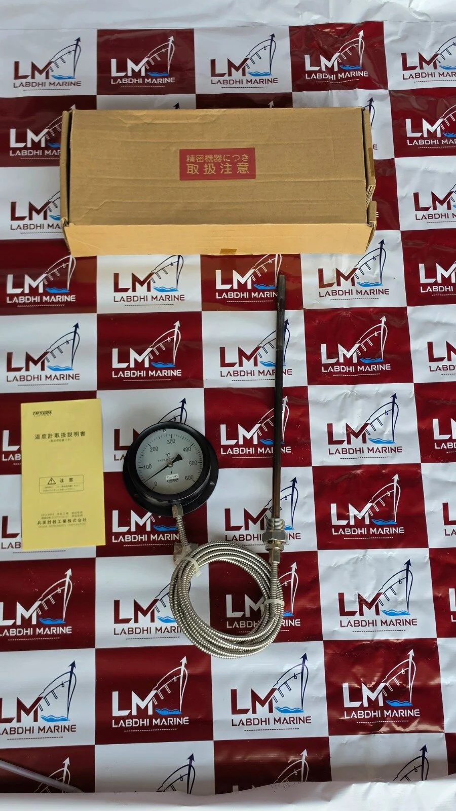 HYODA LM4 0–600°C dial thermometer with sensing probe, flexible armoured connecting tube, original cardboard box and Japanese instruction manual